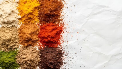 Colorful Variety of Powdered Spices Arranged on a White Paper Background