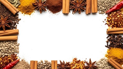 Aromatic Spices Including Cinnamon, Star Anise, and Chili Flakes on White