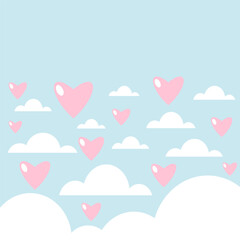 Cute background with pink hearts and white clouds on blue sky. Flat vector for love, romance design.
