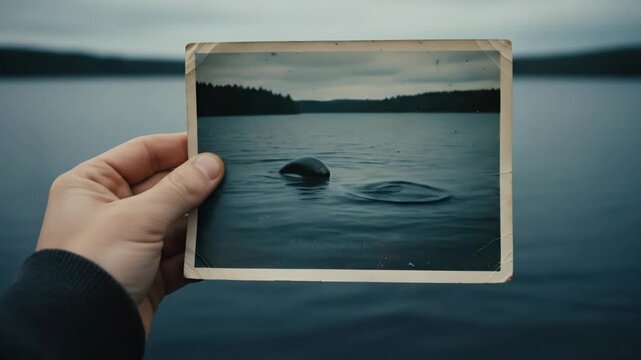 Man holding old picture of sea monster head emerging from a lake to its disappearance. Conspiracy theory concept.