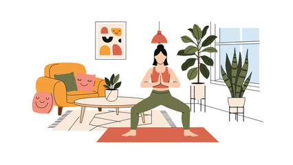 Naklejka premium Modern vector illustration of person practicing yoga at home with plants, wellness, mindfulness, healthy habits, and balanced modern lifestyle concept