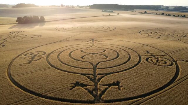 Aerial view of mysterious crop circle formation in a vast wheat field under morning fog, a conspiracy theory concept