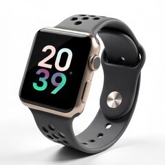 3D render of smartwatch with digital display, isolated on white background, photorealistic
