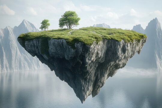 Floating island with lush greenery and trees surrounded by mountains and water - Powered by Adobe