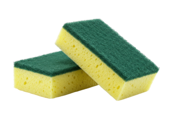 Two new yellow and green kitchen sponges with abrasive scouring pads isolated on a transparent background. Concept for domestic cleaning advertising