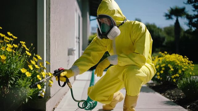 Pest control worker wearing protective gear spraying plants outdoors  