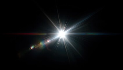 Bright, intense starburst effect, with rainbow hues, and sharp light rays