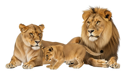 Obraz premium Majestic Lion Family Portrait with Cub Isolated on White Background