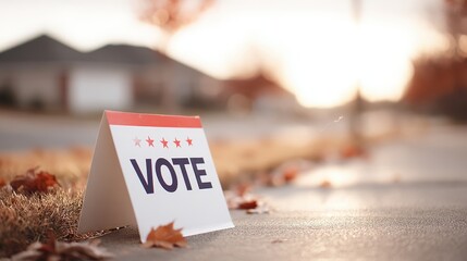 Political candidate sign placed on neighborhood sidewalk surrounded by autumn leaves, promoting civic engagement and community participation in elections