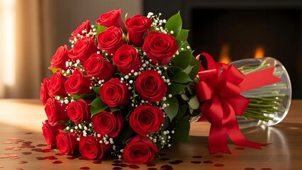 Happy valentine day romantic red roses bouquet with candles and heartfelt love