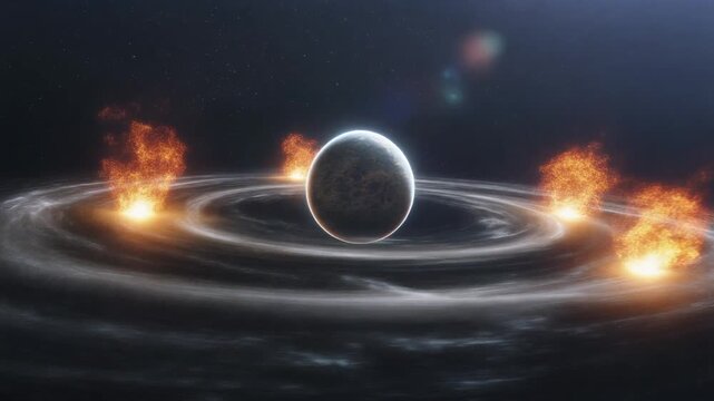 A central celestial body enveloped in a dramatic cosmic event, surrounded by swirling rings and fiery explosions, revealing the universe's raw power and mysterious forces