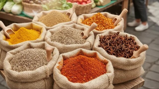 Assortment of colorful spices in jute sack displayed at an arabic market stall for cooking and culinary applications.