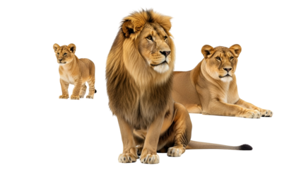 Majestic Lion Family Portrait with Cub Isolated on White Background