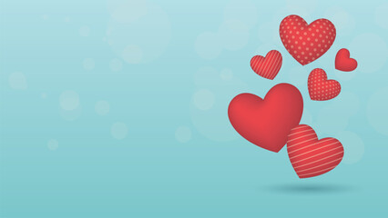 Red heart balloons various designs floating with light blue background