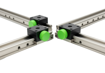 Two highly detailed parallel industrial linear guides with polished steel rails and neon green caps isolated on a white background. Concept of precision mechanics.