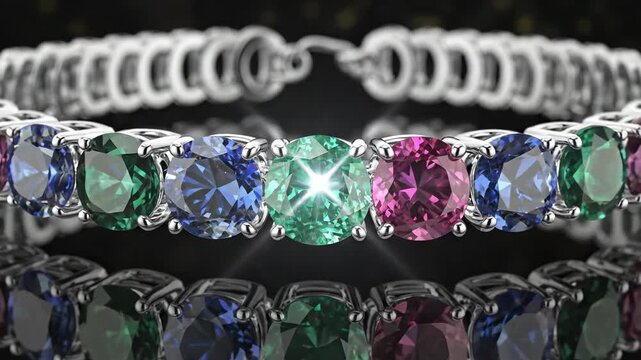 Exquisite Gemstone Bracelet with Dazzling Multi-Colored Stones on a Reflective Surface.