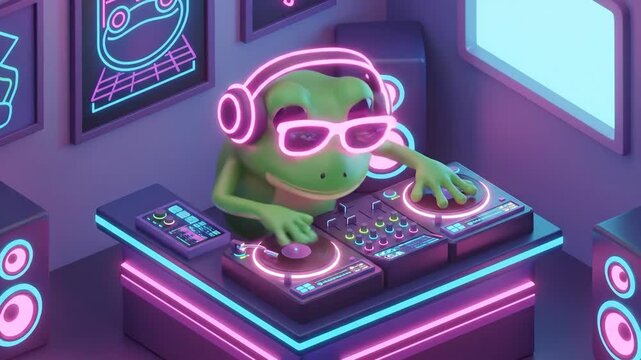 Green frog cartoon character mixing music on a DJ deck with neon lights. Synthwave music party concept.