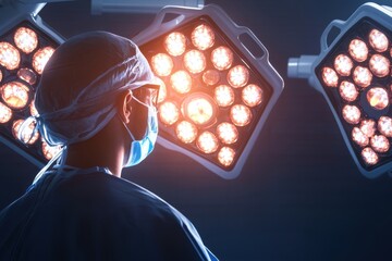 Surgeon prepares for operation under bright surgical lights in a modern hospital setting