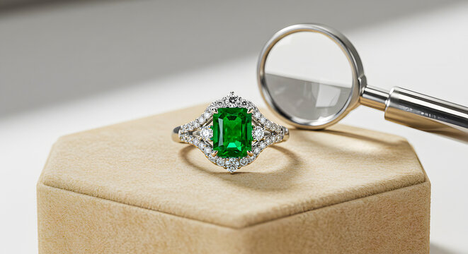 Magnifying glass inspecting an exquisite emerald and diamond ring on display, highlighting luxurious green gemstones and fine jewelry craftsmanship