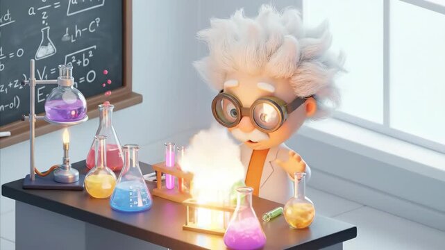 Cartoon scientist man conducting chemistry experiment in a lab, mixing colorful liquids, leading to an unexpected sparkling explosion