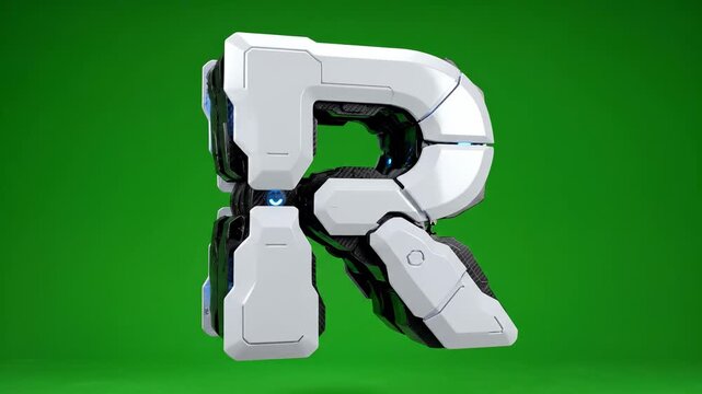Futuristic Robotic Letter R Transformation on Green Screen.