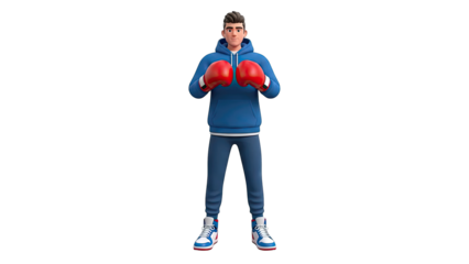 3D Character Boxer in Blue Hoodie and Red Gloves