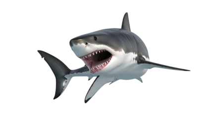 Majestic Great White Shark with Open Mouth Isolated on White Background