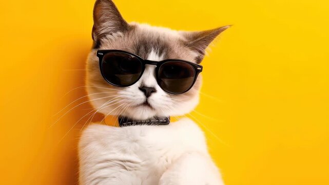 Cool Cat's Trendy Pose: A stylish cat donning sunglasses and a collar radiates an air of effortless coolness against a vibrant yellow backdrop, capturing playful and trendy attitude.