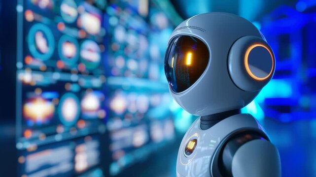 Digital Sentience: A futuristic robot contemplates the technological landscape, its optical sensor alight with curiosity, exploring the realms of innovation and advancement.