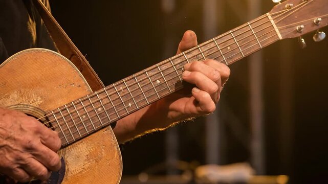 Musician playing acoustic guitar onstage, close up of mans hands changing chords on fretboard during music performance.