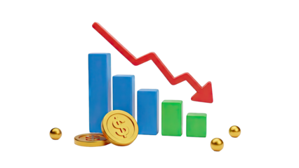3D Bar Chart Showing Financial Decline with Downward Trend Arrow