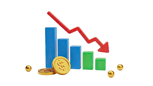 3D Bar Chart Showing Financial Decline with Downward Trend Arrow - Powered by Adobe