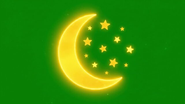 Glowing crescent moon and stars welcoming Ramadan with soft golden light and elegant motion. Centered framing, high contrast subject separation, smooth animation, isolated cleanly on solid green scree