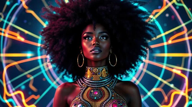 Vibrant afro fusion: woman in neon ethnic attire amidst abstract neon lights