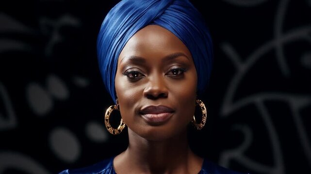 Confident woman in blue headwrap and hoop earrings against abstract background