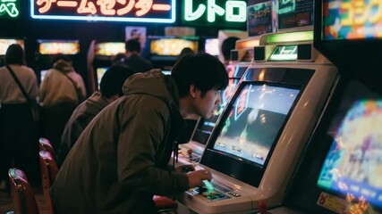 Young asian man focused and playing a vintage arcade game in a retro Japanese game center with neon signs. - Powered by Adobe