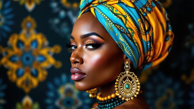 Vibrant portrait of woman with colorful headwrap and statement jewelry