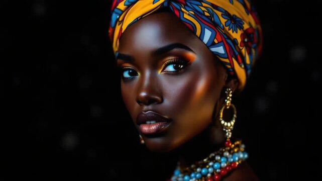 Vibrant portrait of woman in colorful headwrap and jewelry against dark background