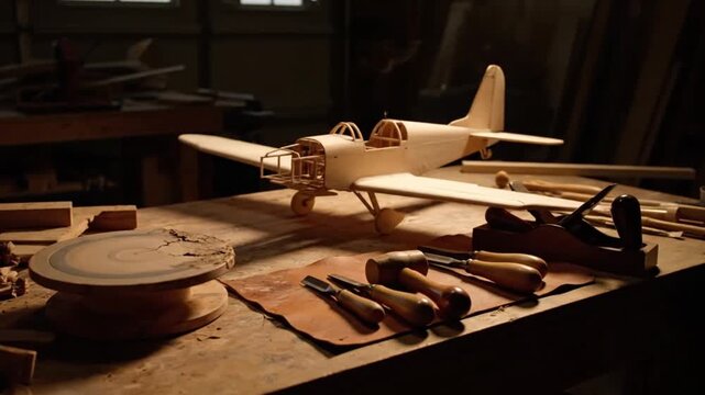 A small, unfinished wooden airplane model sits on a cluttered workbench with various woodworking tools in a dimly lit workshop with warm tones.