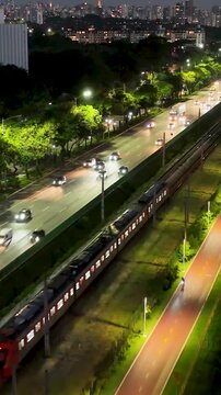 Marginal Pinheiros At Downtown Sao Paulo Brazil. Capturing The Hustle And Bustle Of A Vibrant City From Above. Night Elevated Road Downtown Cityscape. Night Outdoors Downtown. Downtown Sao Paulo.