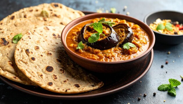 Gujrati Ringan No Olo with Bajra Roti. Traditional Indian Food
