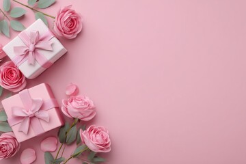valentine's day background with gift boxes and roses on a pink table, flat lay space for text Generative AI