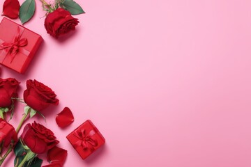 valentine's day background with red roses and gift boxes on a pink surface, in a flat lay composition copy space for text Generative AI