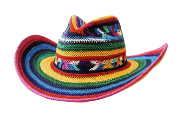 Vibrant crocheted sombrero with colorful stripes and floral patterns