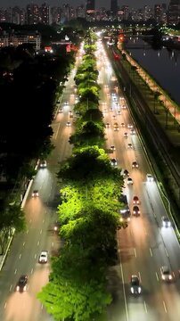 Marginal Pinheiros At Downtown Sao Paulo Brazil. Powerful Landscape Of The Vehicles In A Famous Road . Building Sky Background Downtown Cityscape. Night Outside Famous. Downtown Sao Paulo.