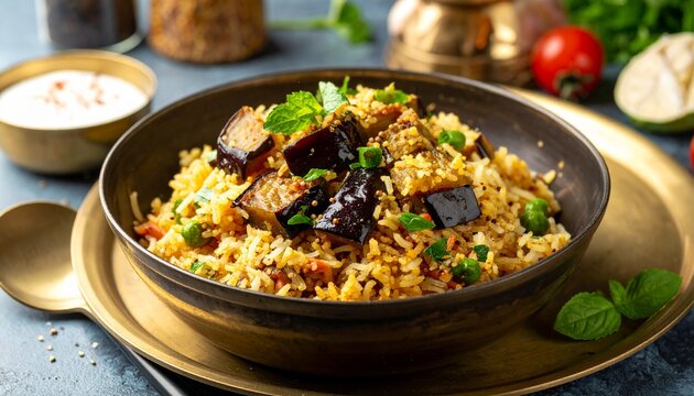 Vangi Bhaat Brinjal Rice. Traditional Indian Food