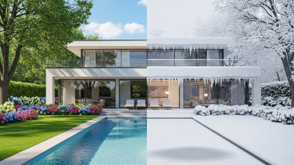 A contemporary house with poolside terrace changes from green summer landscape to snowy winter showcasing seasonal contrast and stylish outdoor living.