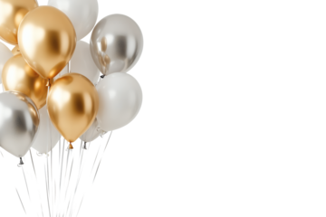 Vibrant gold and white balloons floating against transparent background with copy space right