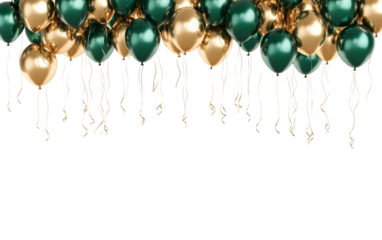 Vibrant gold and green balloons floating against transparent background with copy space below