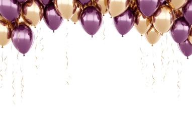 Vibrant purple and gold balloons floating with shiny ribbons on transparent